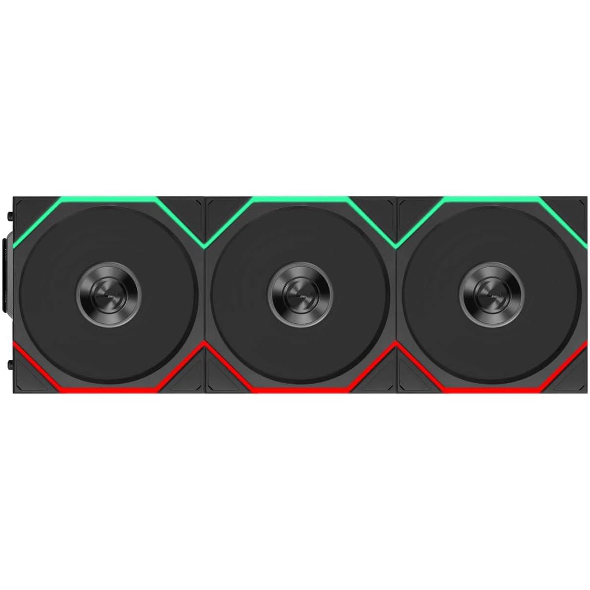 A large main feature product image of Lian LI UNI FAN TL120 FLEX - 120mm Modular LCP Wireless PWM Reverse Blade Fan 3-Pack (Black)