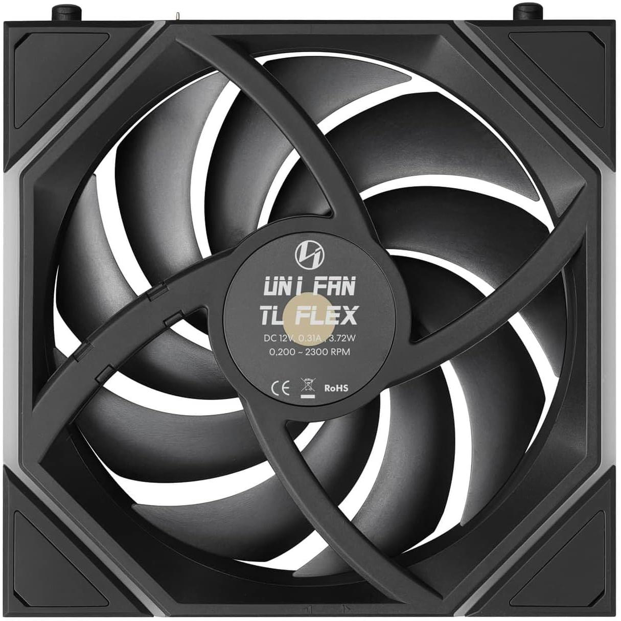 A large main feature product image of Lian LI UNI FAN TL120 FLEX - 120mm Modular LCP Wireless PWM Reverse Blade Fan 3-Pack (Black)