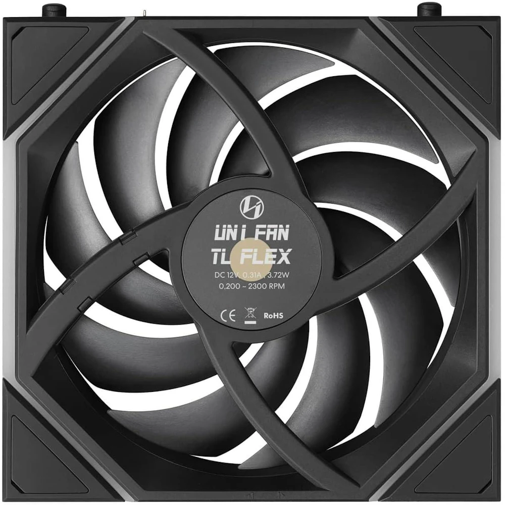 A large main feature product image of Lian LI UNI FAN TL120 FLEX - 120mm Modular LCP Wireless PWM Reverse Blade Fan 3-Pack (Black)