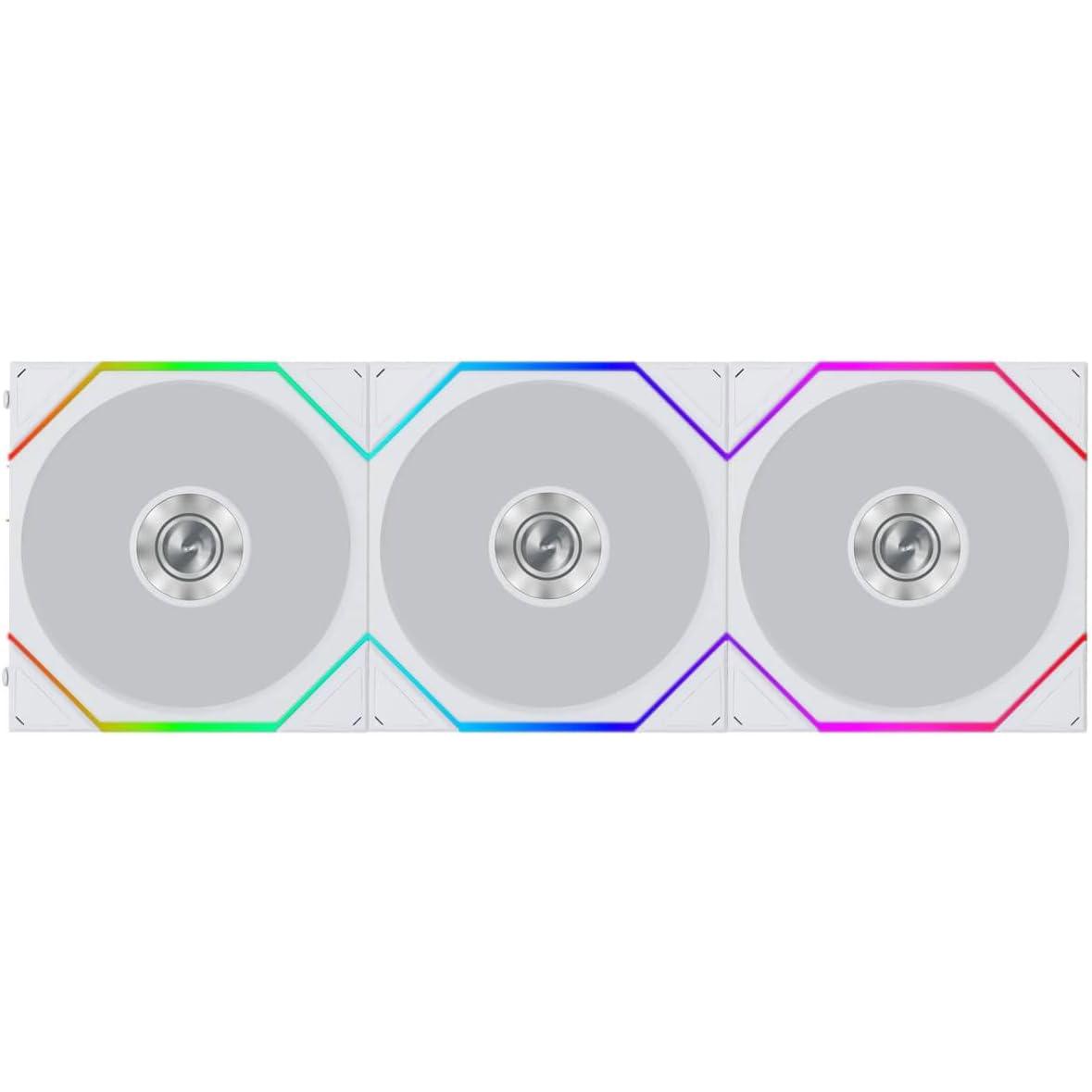 A large main feature product image of Lian LI UNI FAN TL120 FLEX - 120mm Modular LCP Wireless PWM Fan 3-Pack (White)