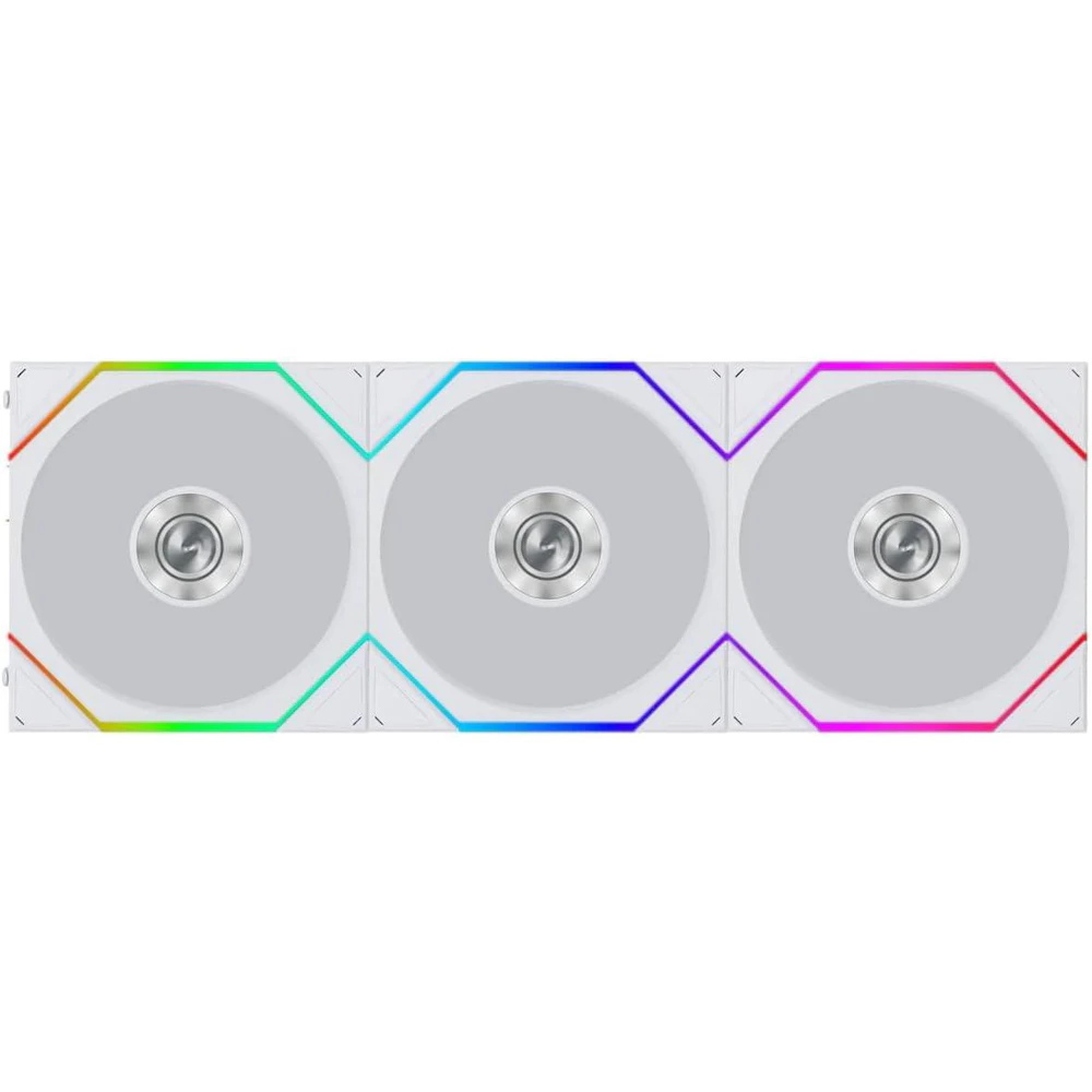 A large main feature product image of Lian LI UNI FAN TL120 FLEX - 120mm Modular LCP Wireless PWM Fan 3-Pack (White)