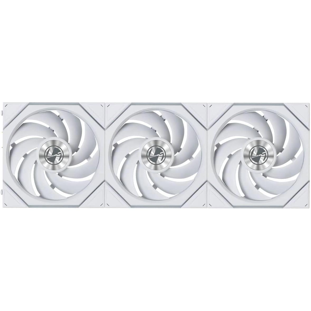 A large main feature product image of Lian LI UNI FAN TL120 FLEX - 120mm Modular LCP Wireless PWM Fan 3-Pack (White)