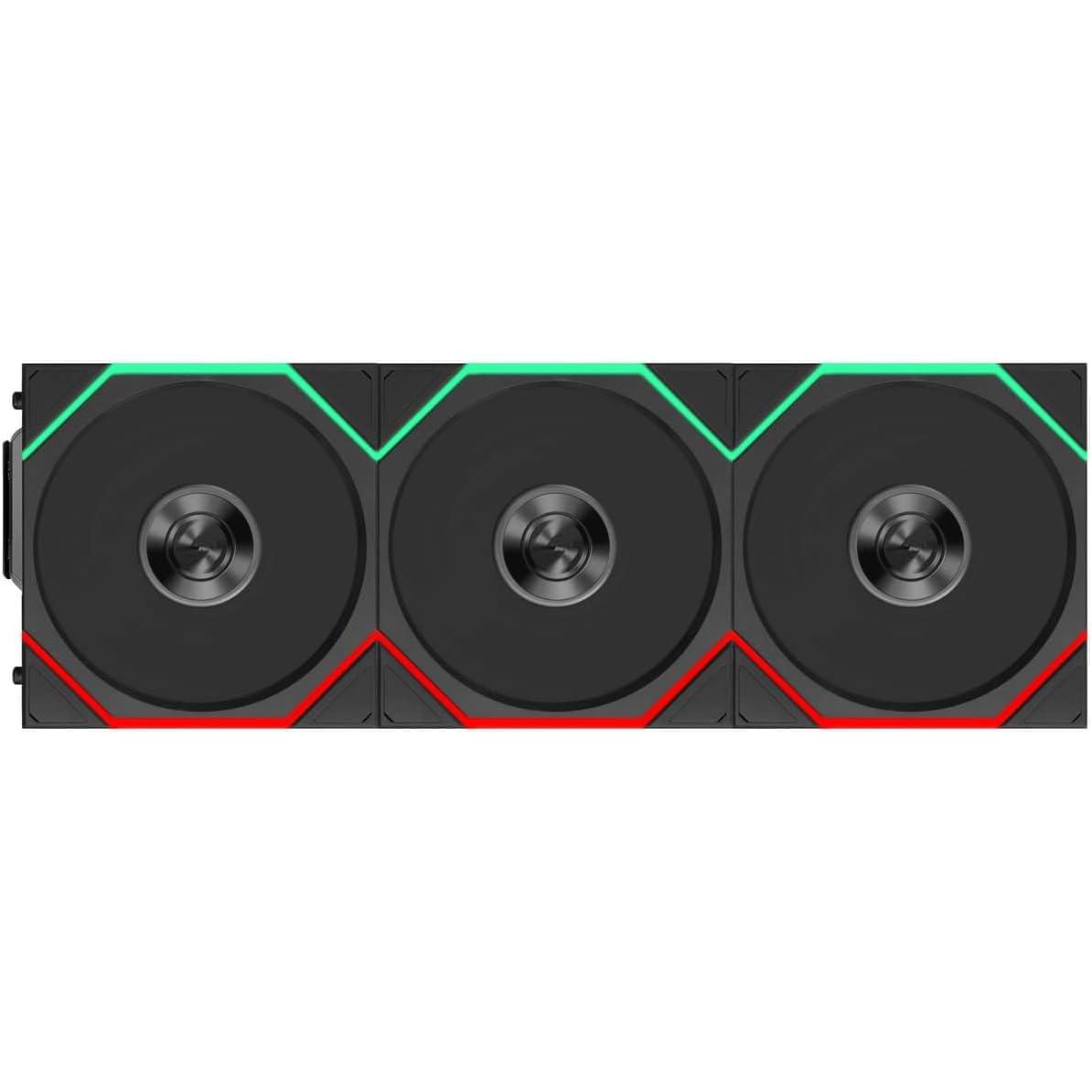 A large main feature product image of Lian LI UNI FAN TL120 FLEX - 120mm Modular LCP Wireless PWM Fan 3-Pack (Black)