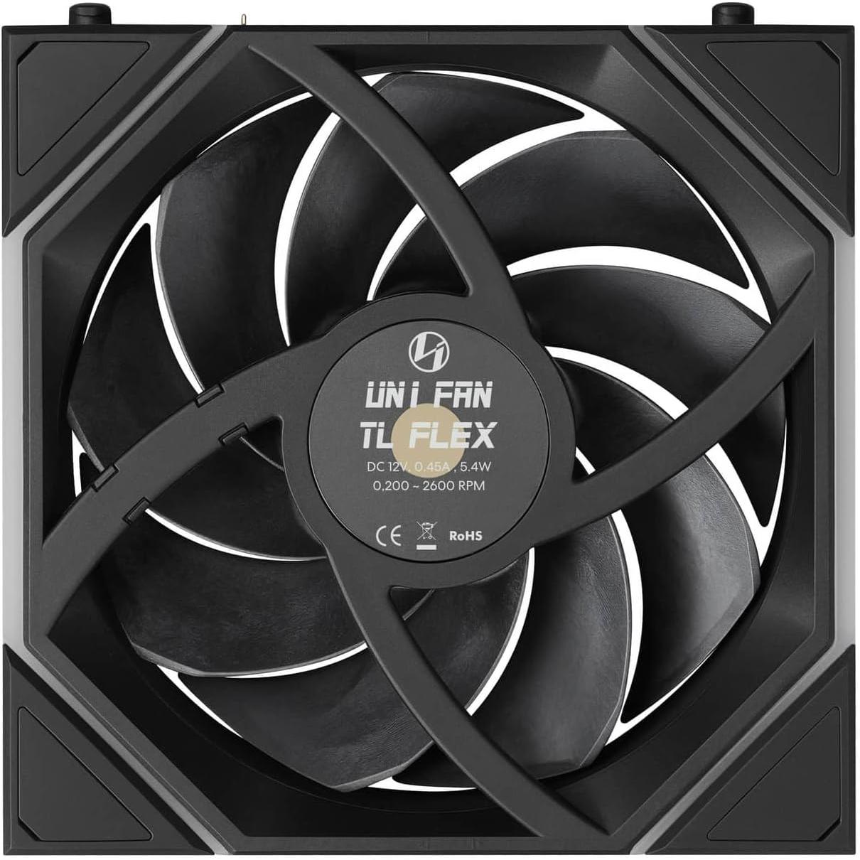 A large main feature product image of Lian LI UNI FAN TL120 FLEX - 120mm Modular LCP Wireless PWM Fan 3-Pack (Black)