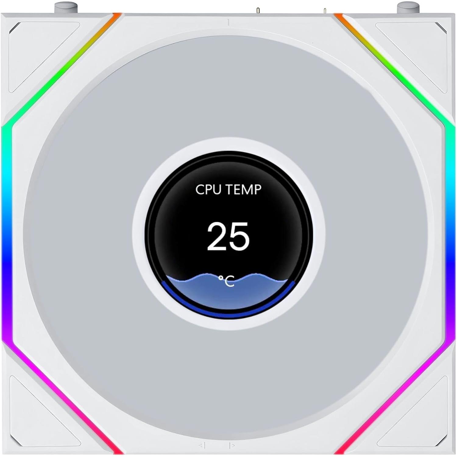 A large main feature product image of Lian LI UNI FAN TL120 LCD FLEX - 120mm Modular LCP Wireless PWM Fan (White)