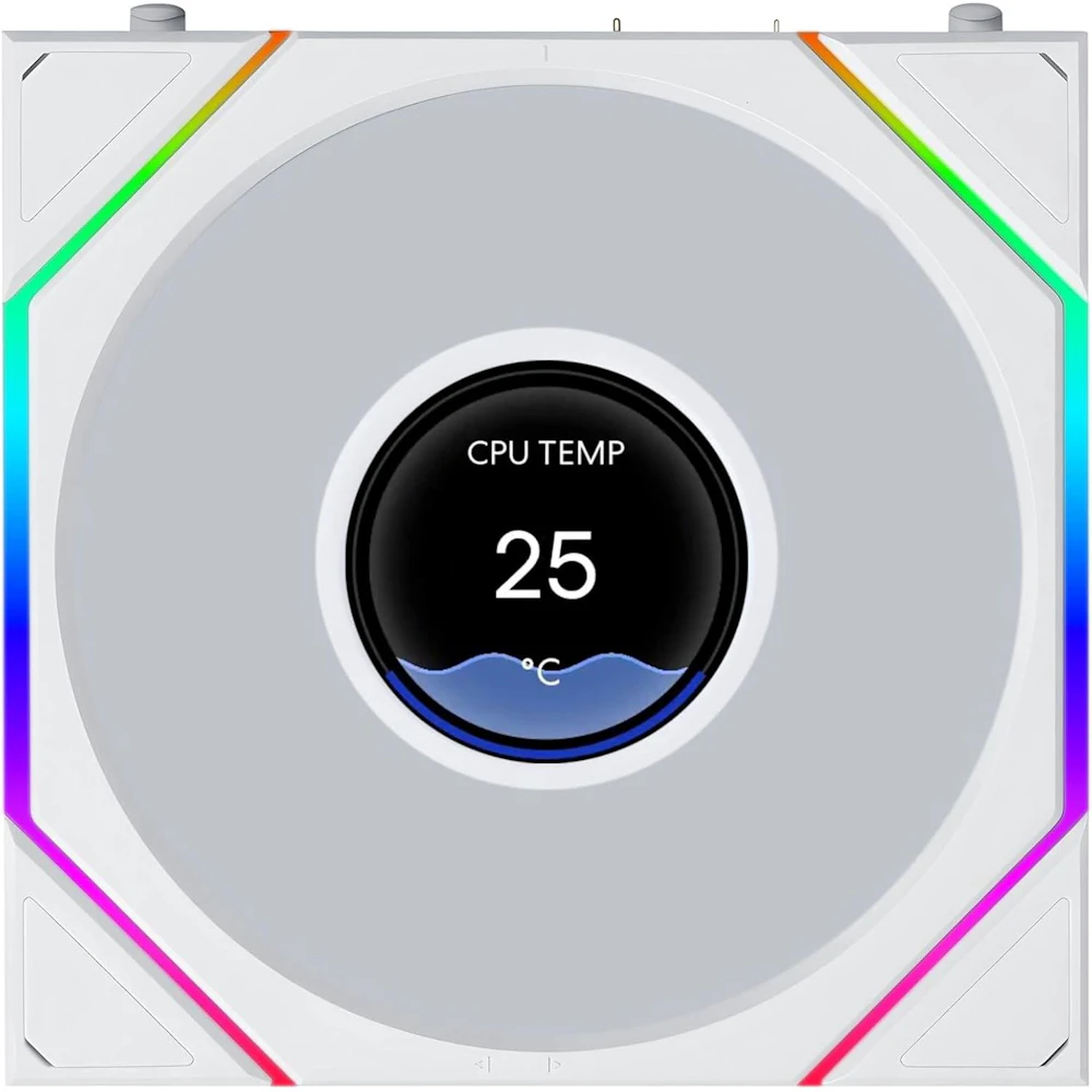 A large main feature product image of Lian LI UNI FAN TL120 LCD FLEX - 120mm Modular LCP Wireless PWM Fan (White)