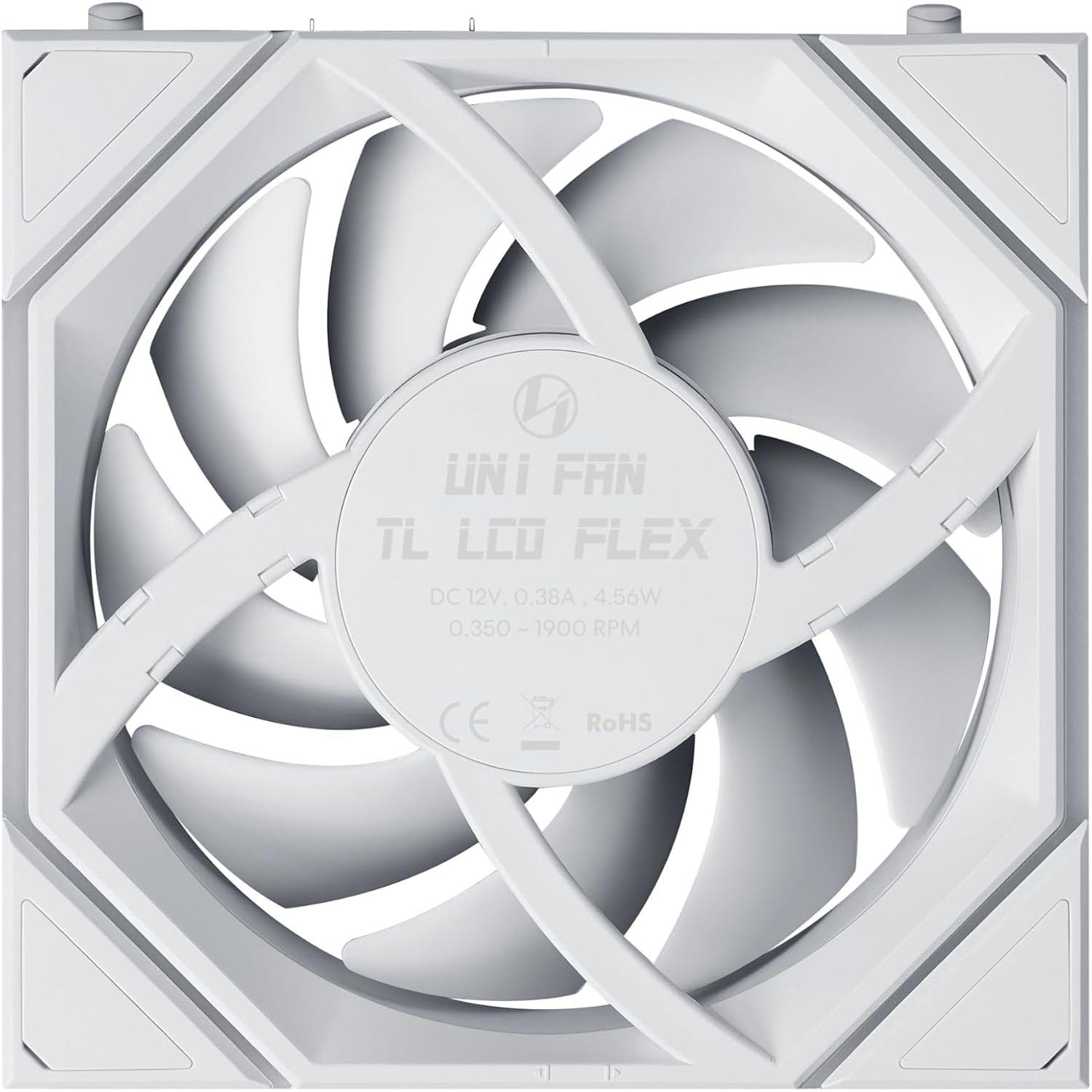 A large main feature product image of Lian LI UNI FAN TL120 LCD FLEX - 120mm Modular LCP Wireless PWM Fan (White)