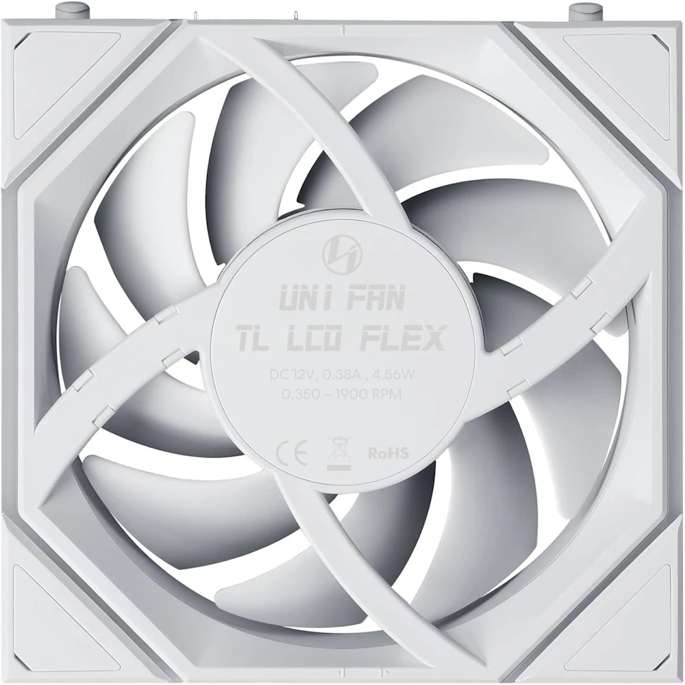 A large main feature product image of Lian LI UNI FAN TL120 LCD FLEX - 120mm Modular LCP Wireless PWM Fan (White)