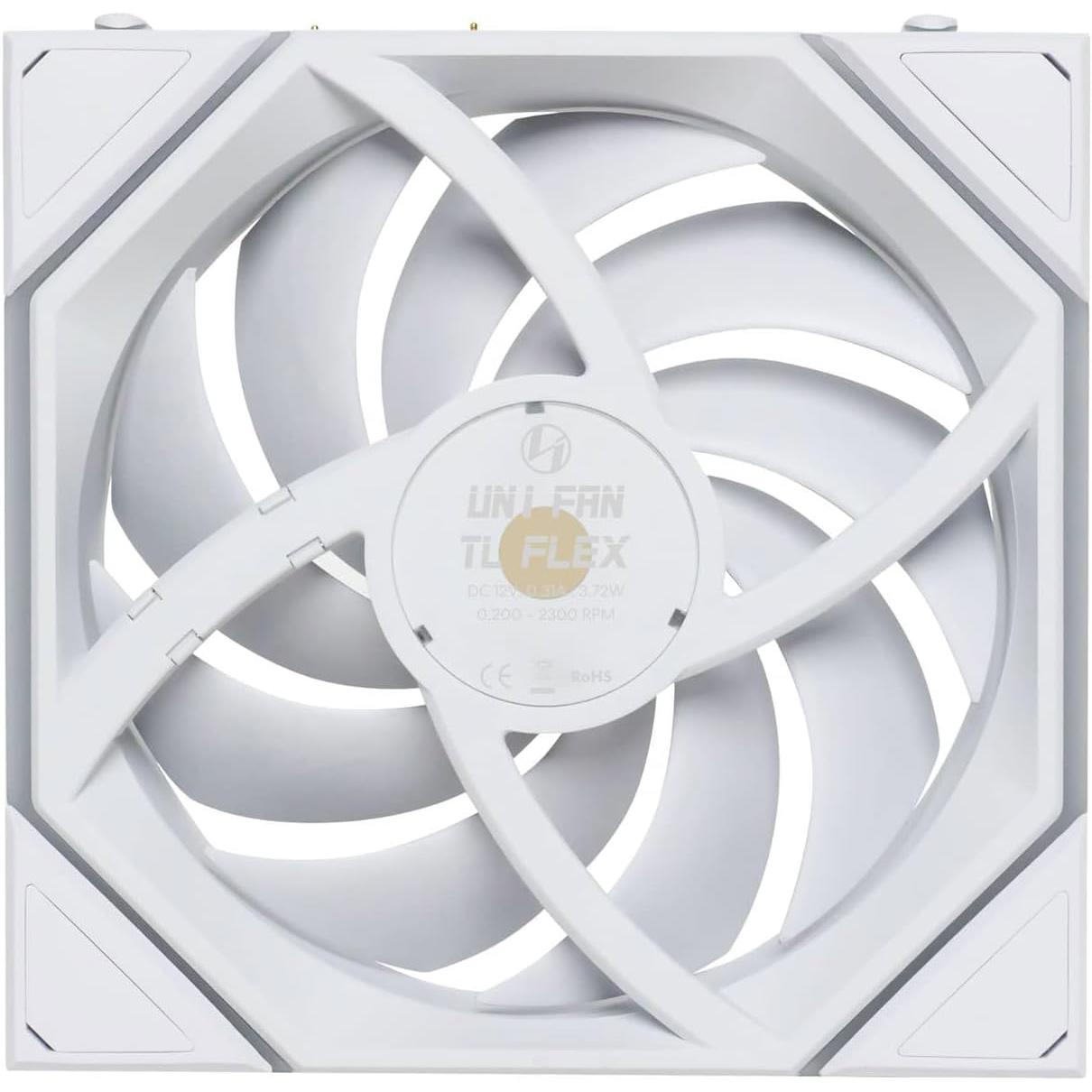 A large main feature product image of Lian LI UNI FAN TL120 FLEX - 120mm Modular LCP Wireless PWM Reverse Blade Fan (White)