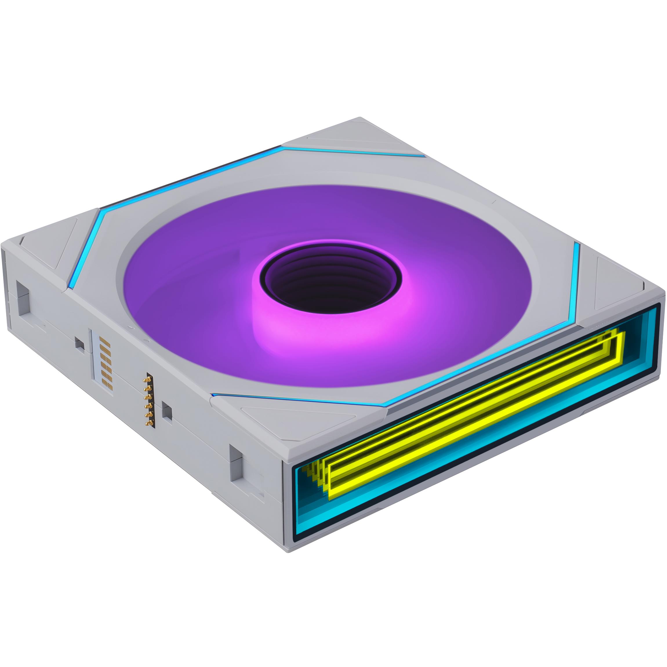 A large main feature product image of Lian Li UNI FAN SL120 INF FLEX - 120mm Modular Wireless PWM Reverse Blade Fan (White)