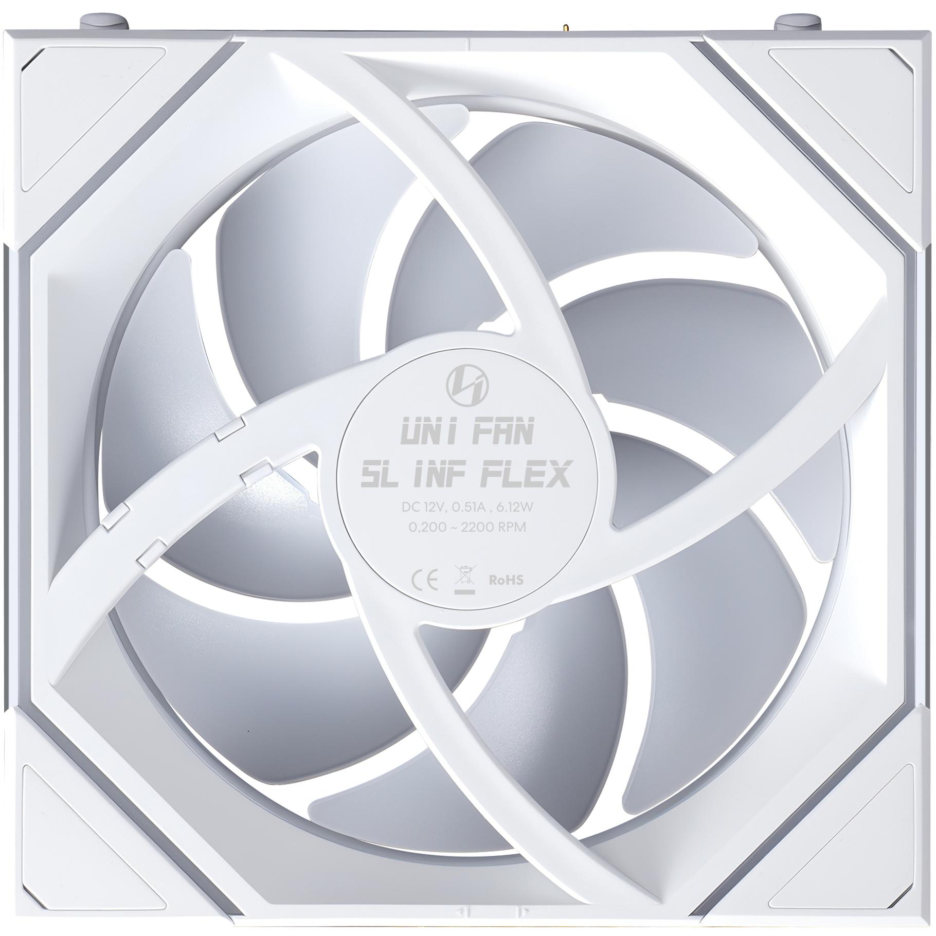 A large main feature product image of Lian Li UNI FAN SL120 INF FLEX - 120mm Modular Wireless PWM Reverse Blade Fan (White)