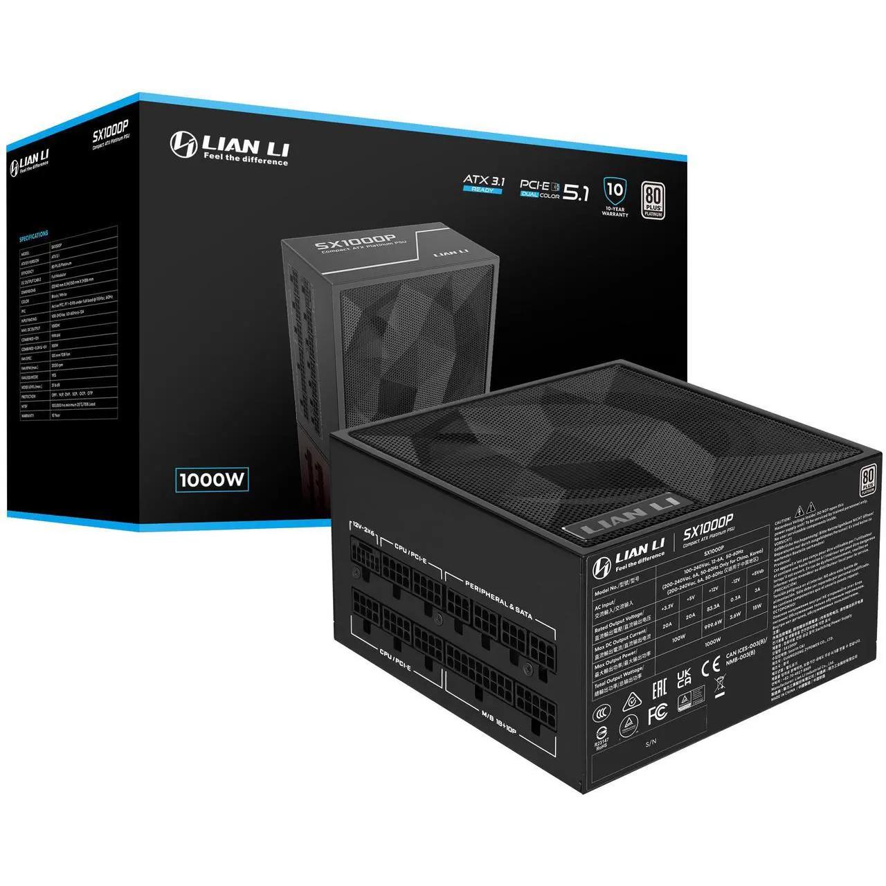 A large main feature product image of Lian Li SX 1000W Platinum PCIe 5.1 ATX 3.1 SFX Modular PSU