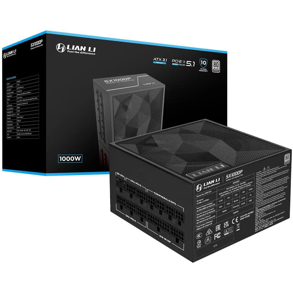 A large main feature product image of Lian Li SX 1000W Platinum PCIe 5.1 ATX 3.1 SFX Modular PSU