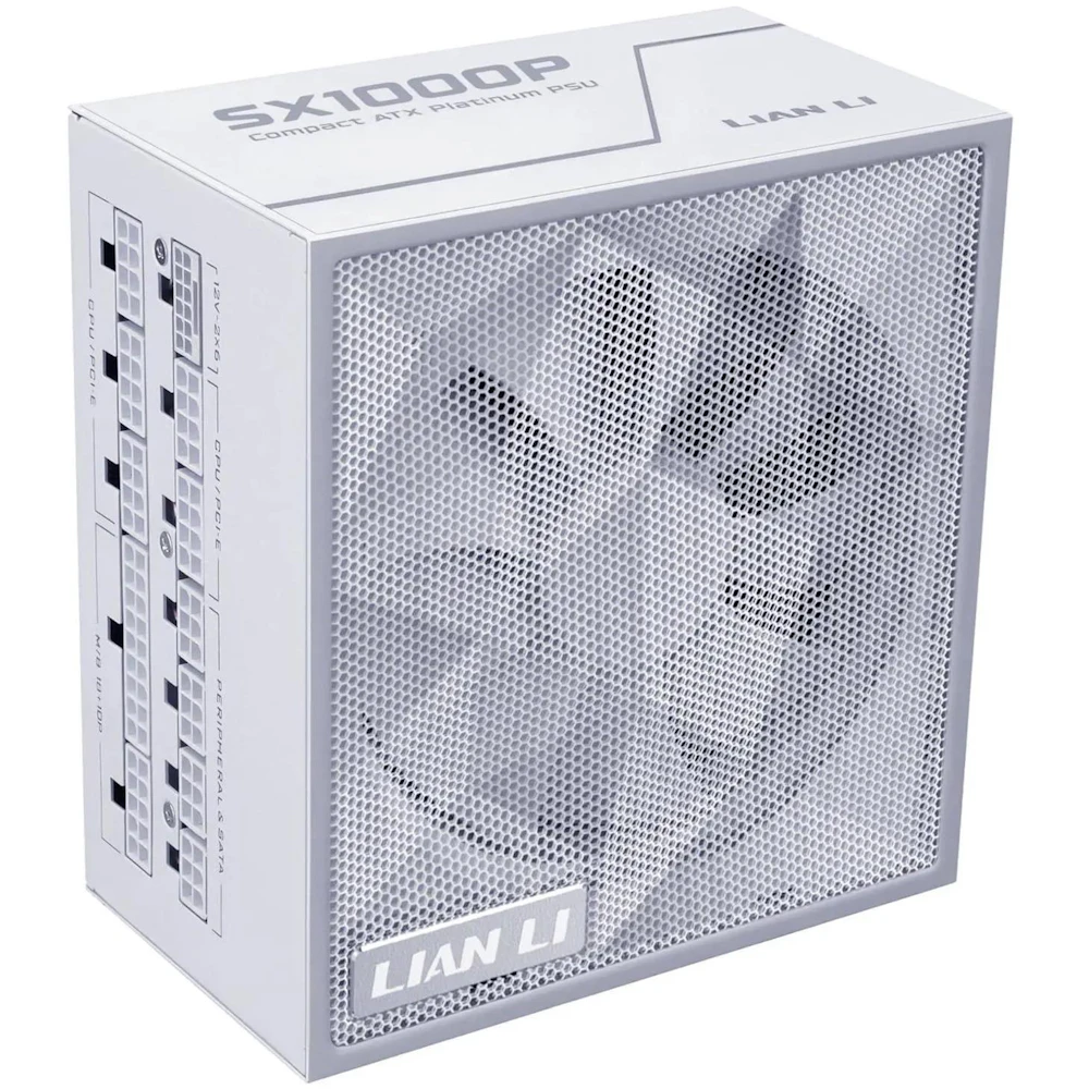 A large main feature product image of Lian Li SX 1000W Platinum PCIe 5.1 ATX 3.1 SFX Modular PSU (White)