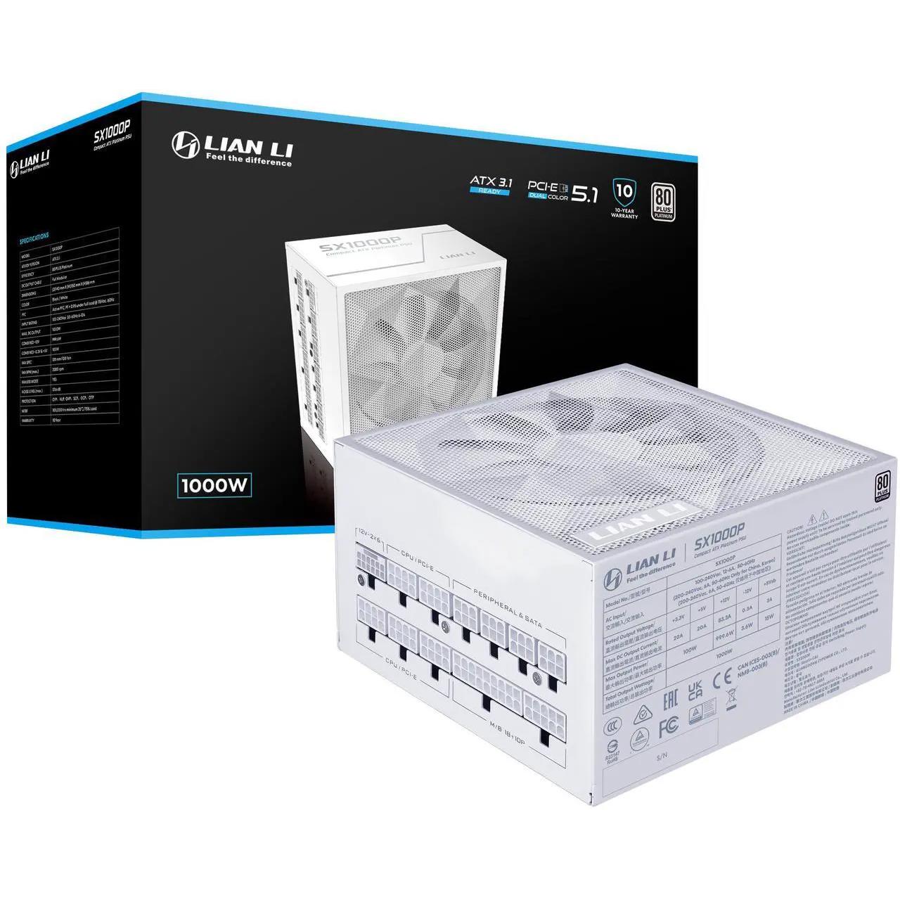 A large main feature product image of Lian Li SX 1000W Platinum PCIe 5.1 ATX 3.1 SFX Modular PSU (White)