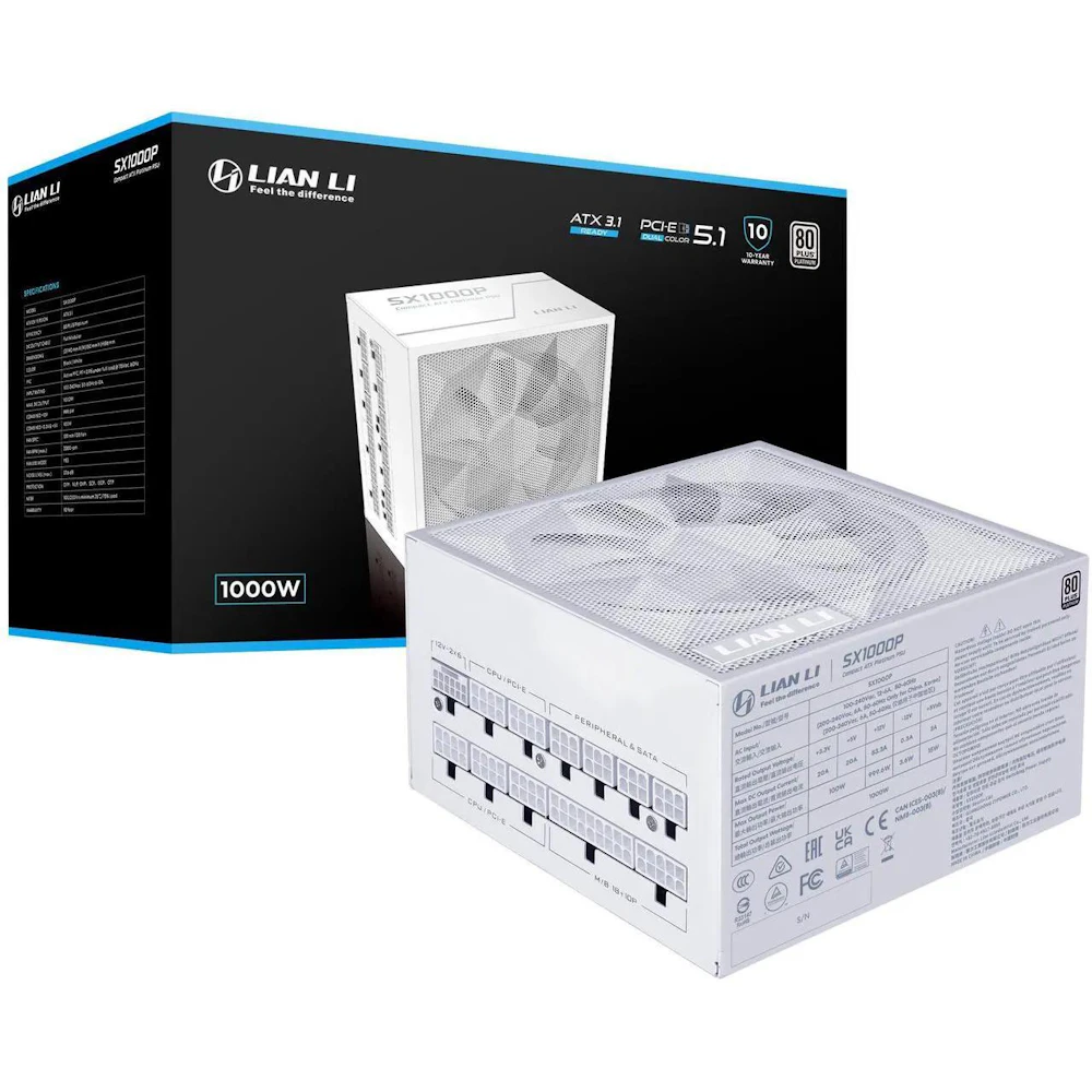A large main feature product image of Lian Li SX 1000W Platinum PCIe 5.1 ATX 3.1 SFX Modular PSU (White)