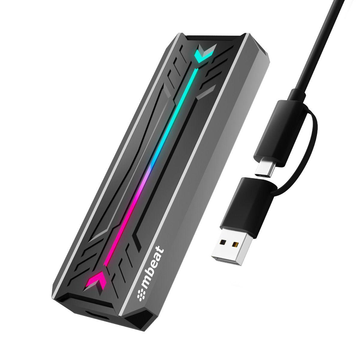 A large main feature product image of mbeat USB-C/A 10Gbps RGB M.2 NVMe & SATA SSD Enclosure