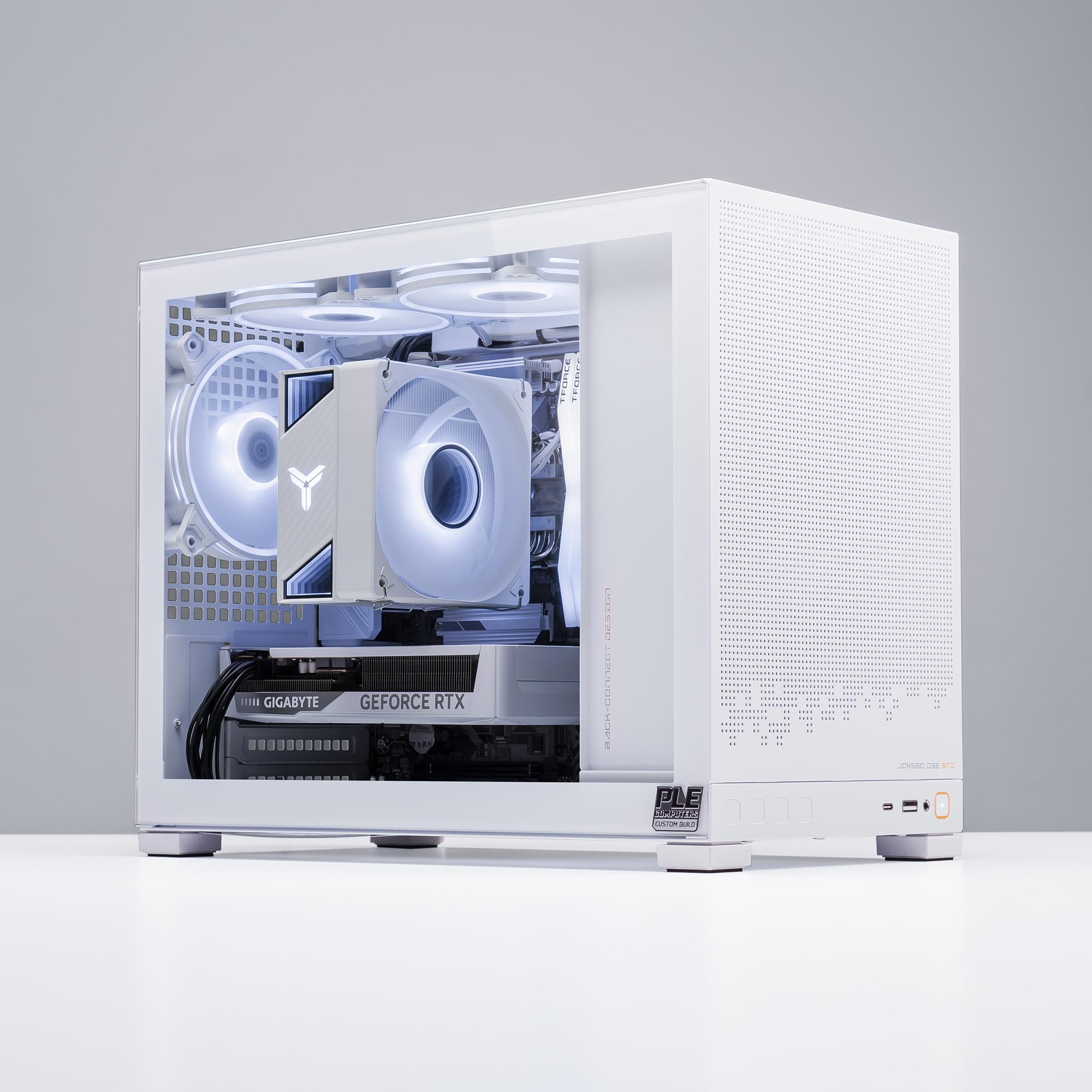 A large main feature product image of PLE Frost RTX 5060 Prebuilt Ready To Go Gaming PC