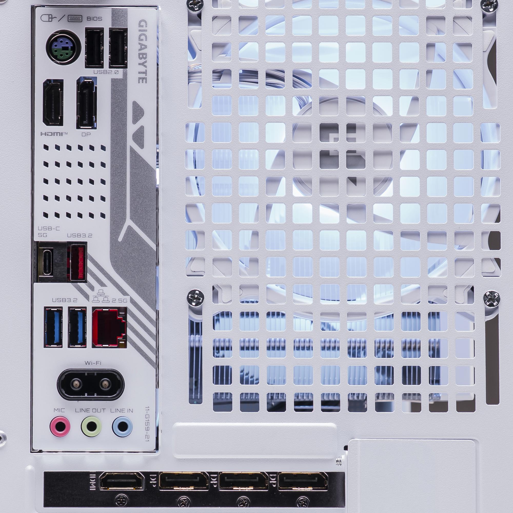 A large main feature product image of PLE Frost RTX 5060 Prebuilt Ready To Go Gaming PC