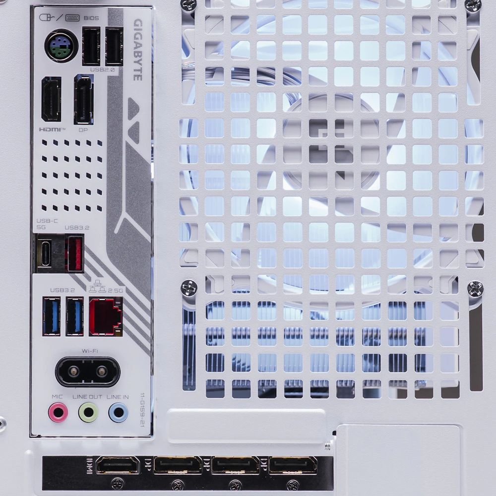 A large main feature product image of PLE Frost RTX 5060 Prebuilt Ready To Go Gaming PC
