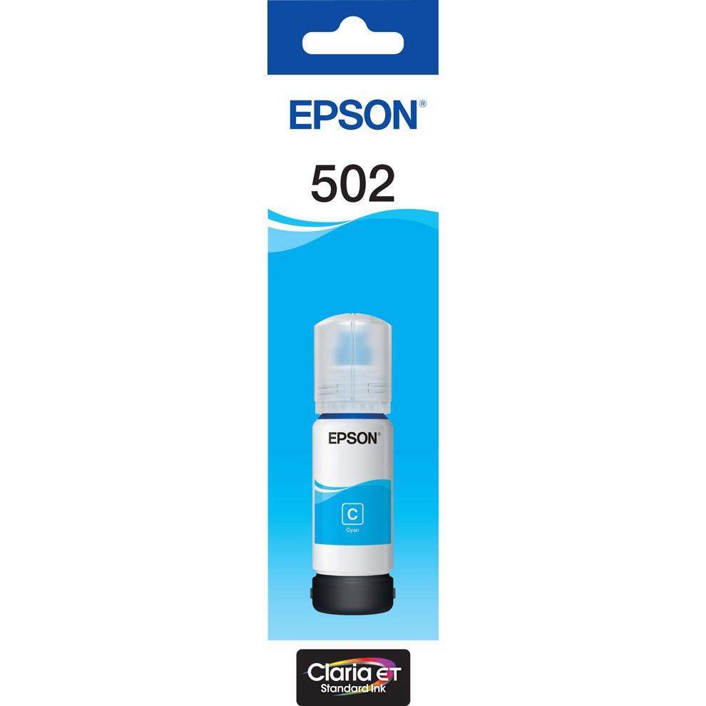 A large main feature product image of Epson T502 Cyan EcoTank Bottle