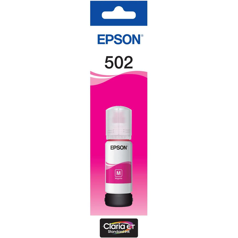 A large main feature product image of Epson T502 Magenta EcoTank Bottle