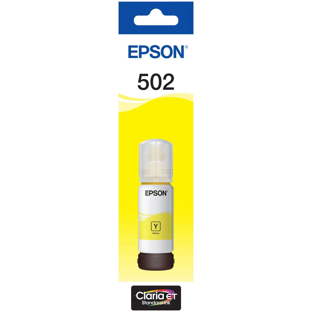 A large main feature product image of Epson T502 Yellow EcoTank Bottle