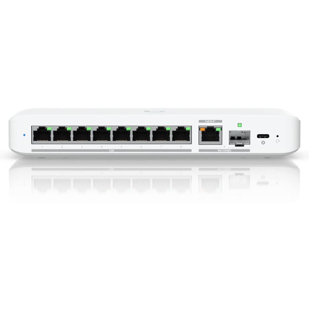 A large main feature product image of EX-DEMO Ubiquiti UniFi Flex 8-Port 2.5GbE Switch