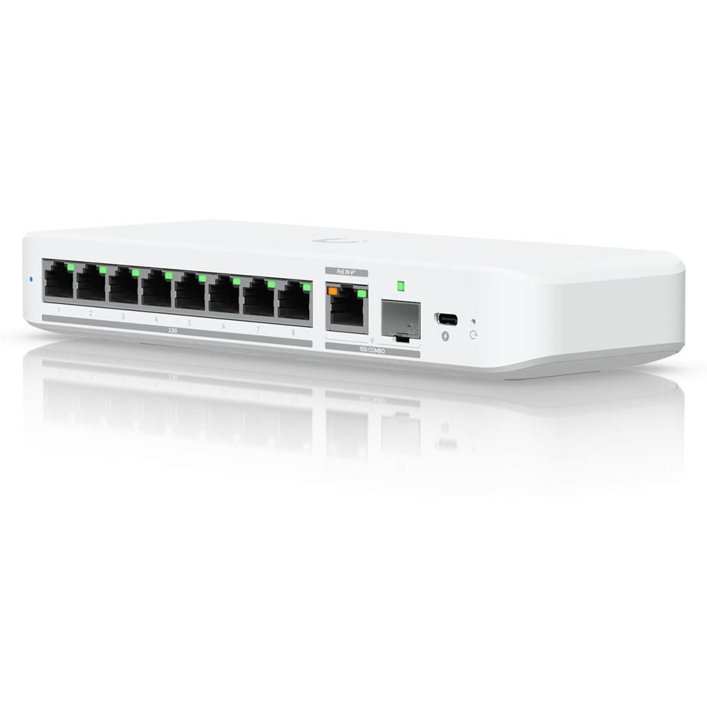 A large main feature product image of EX-DEMO Ubiquiti UniFi Flex 8-Port 2.5GbE Switch