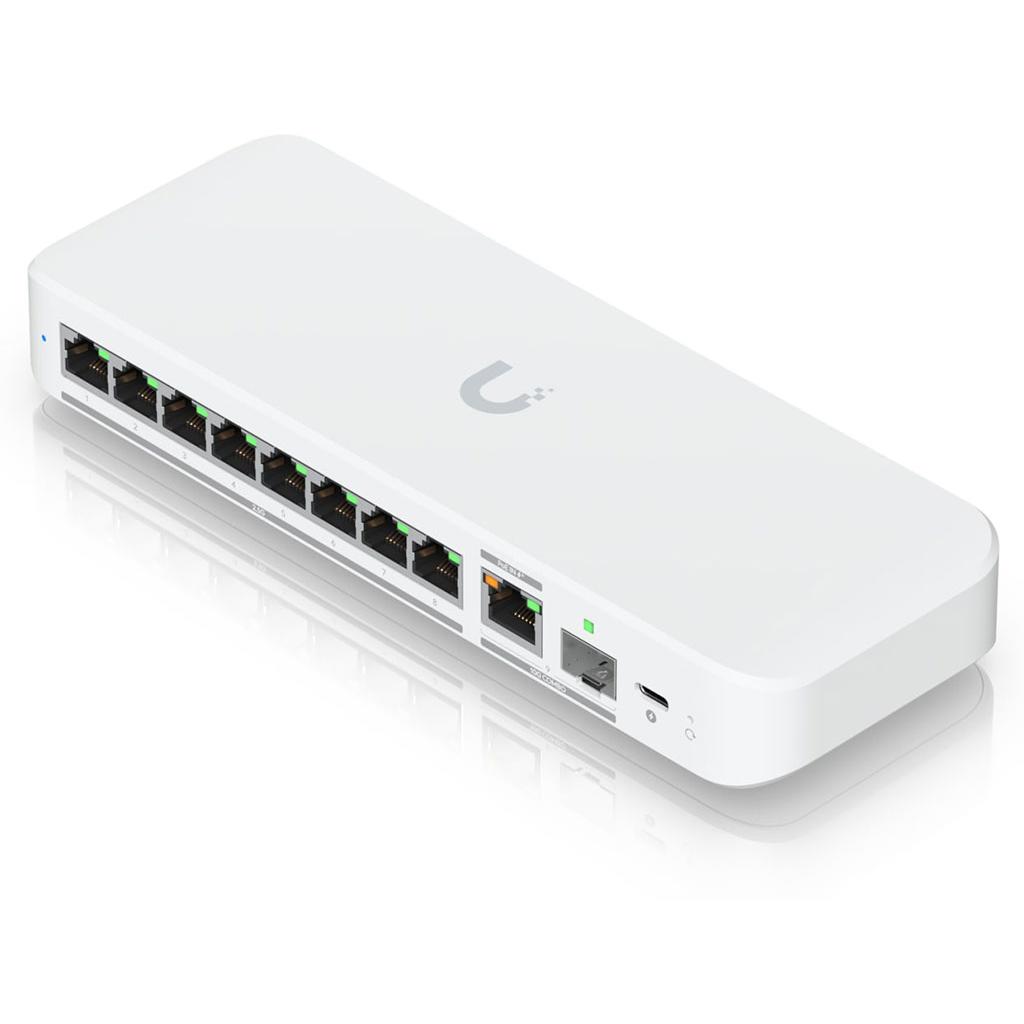 A large main feature product image of EX-DEMO Ubiquiti UniFi Flex 8-Port 2.5GbE Switch