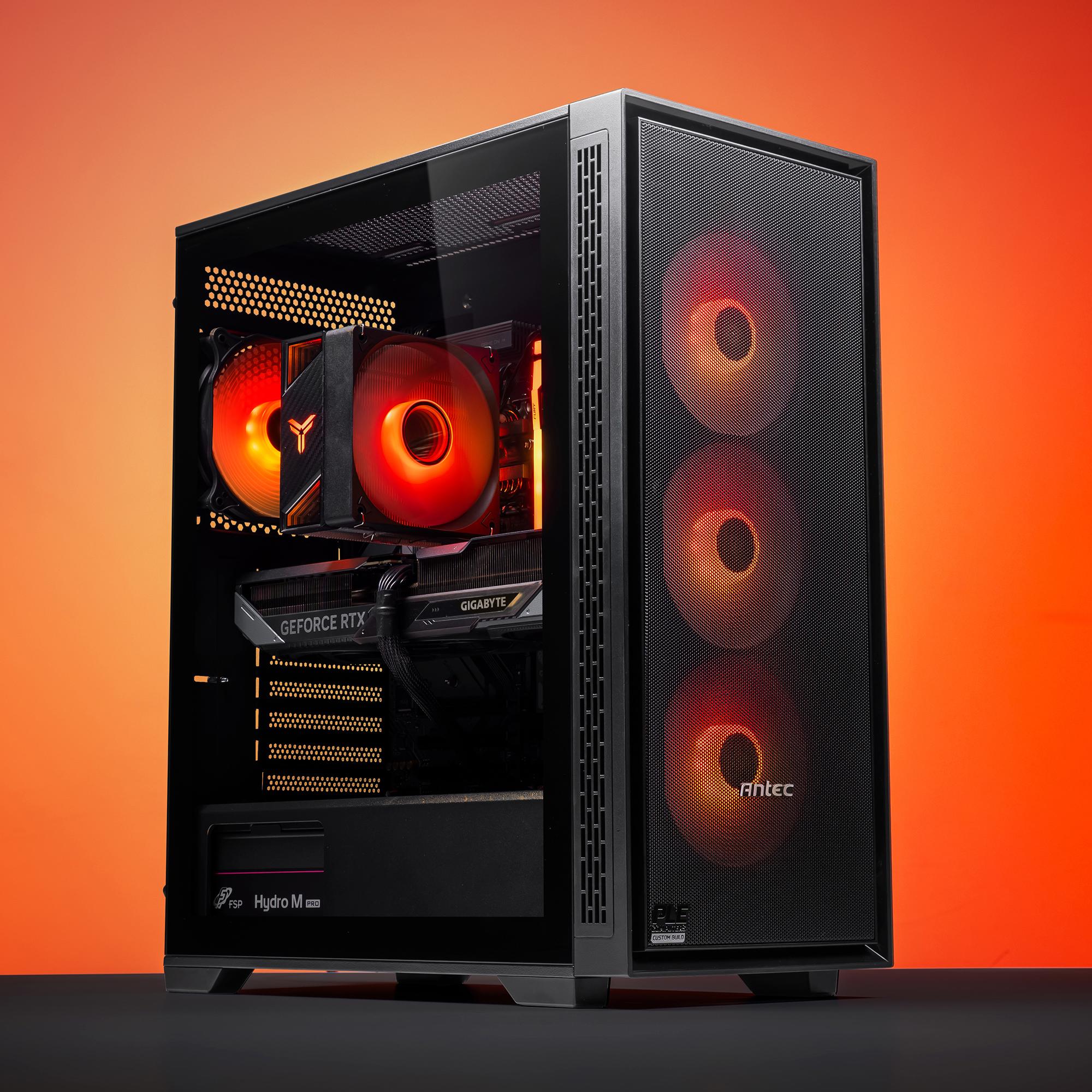 A large main feature product image of PLE Flame RTX 5070 Prebuilt Ready To Go Gaming PC