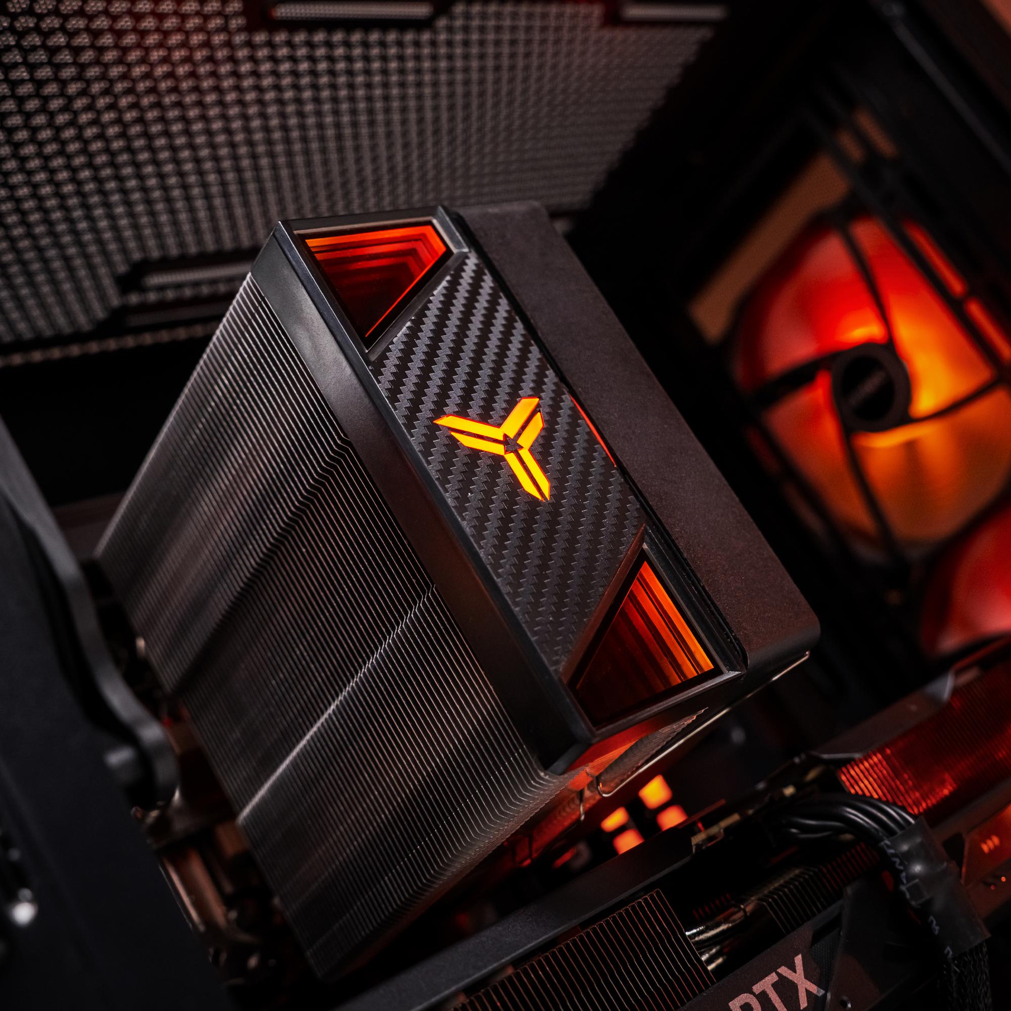 A large main feature product image of PLE Flame RTX 5070 Prebuilt Ready To Go Gaming PC