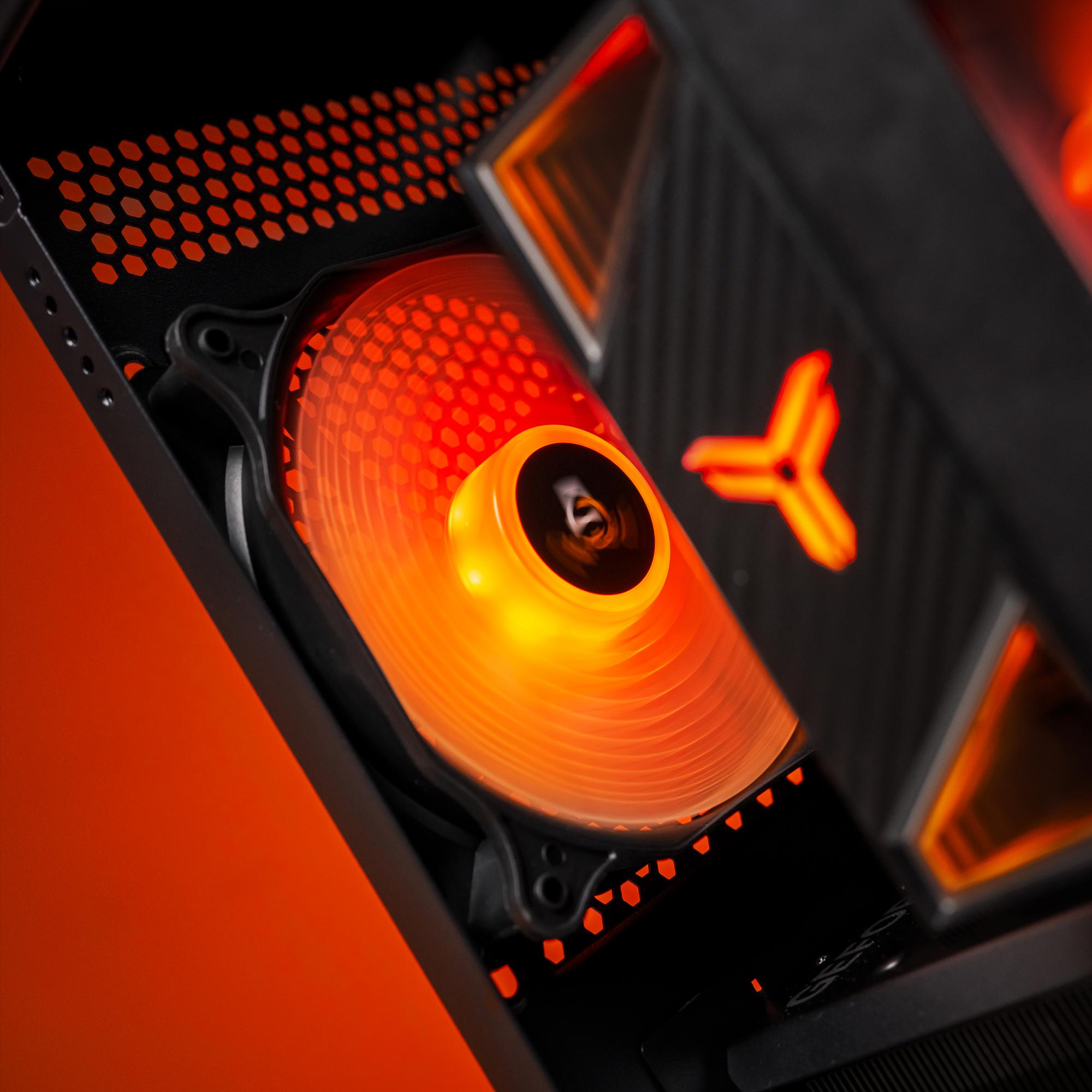 A large main feature product image of PLE Flame RTX 5070 Prebuilt Ready To Go Gaming PC