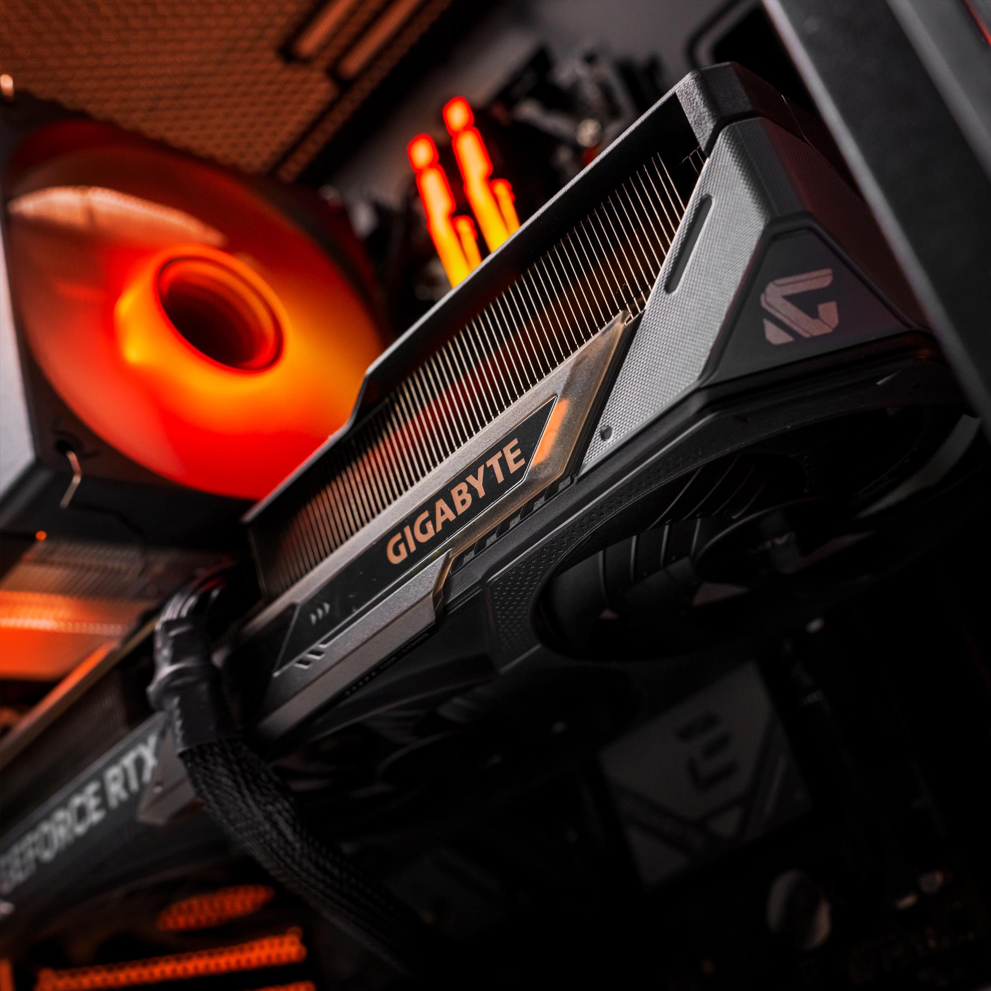A large main feature product image of PLE Flame RTX 5070 Prebuilt Ready To Go Gaming PC