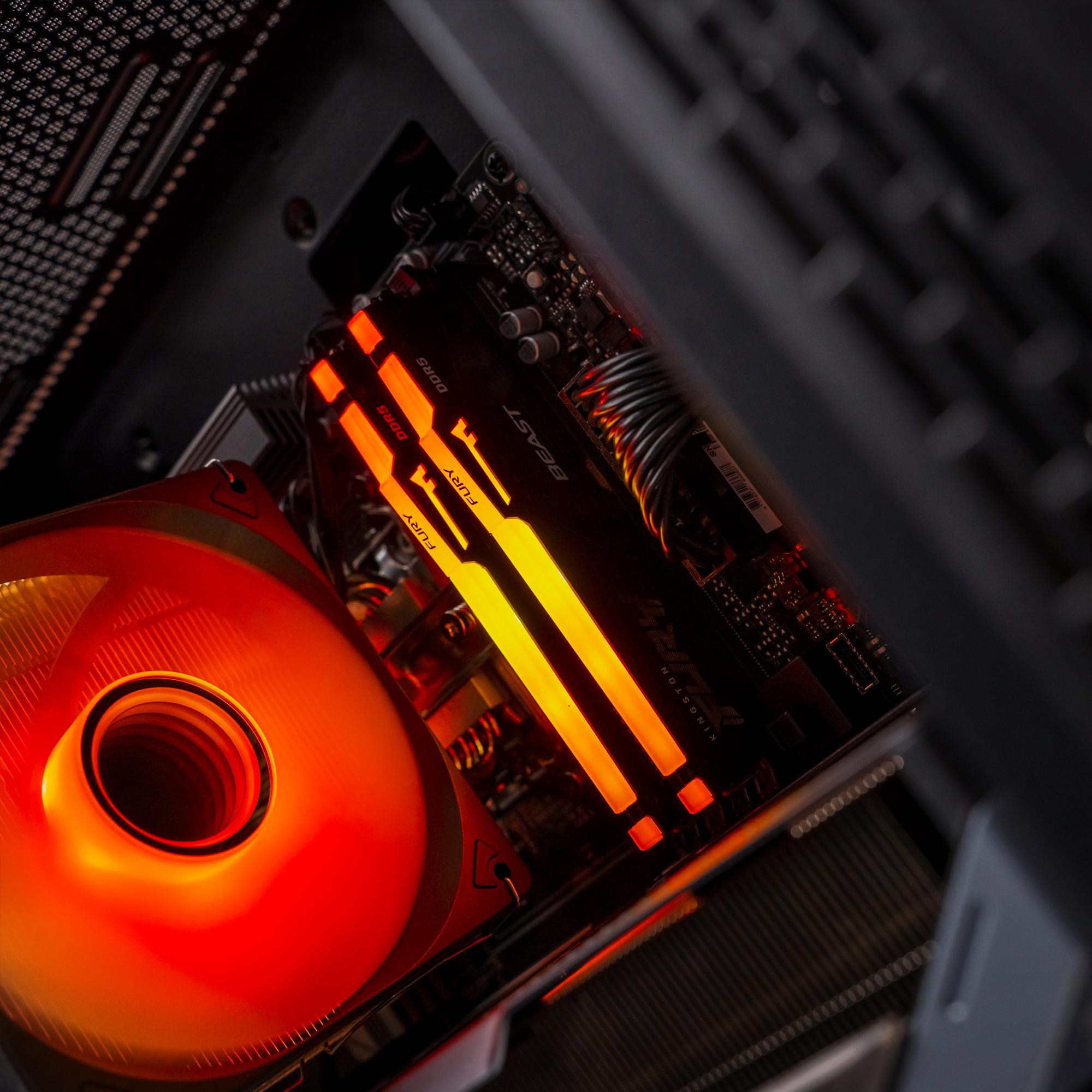 A large main feature product image of PLE Flame RTX 5070 Prebuilt Ready To Go Gaming PC