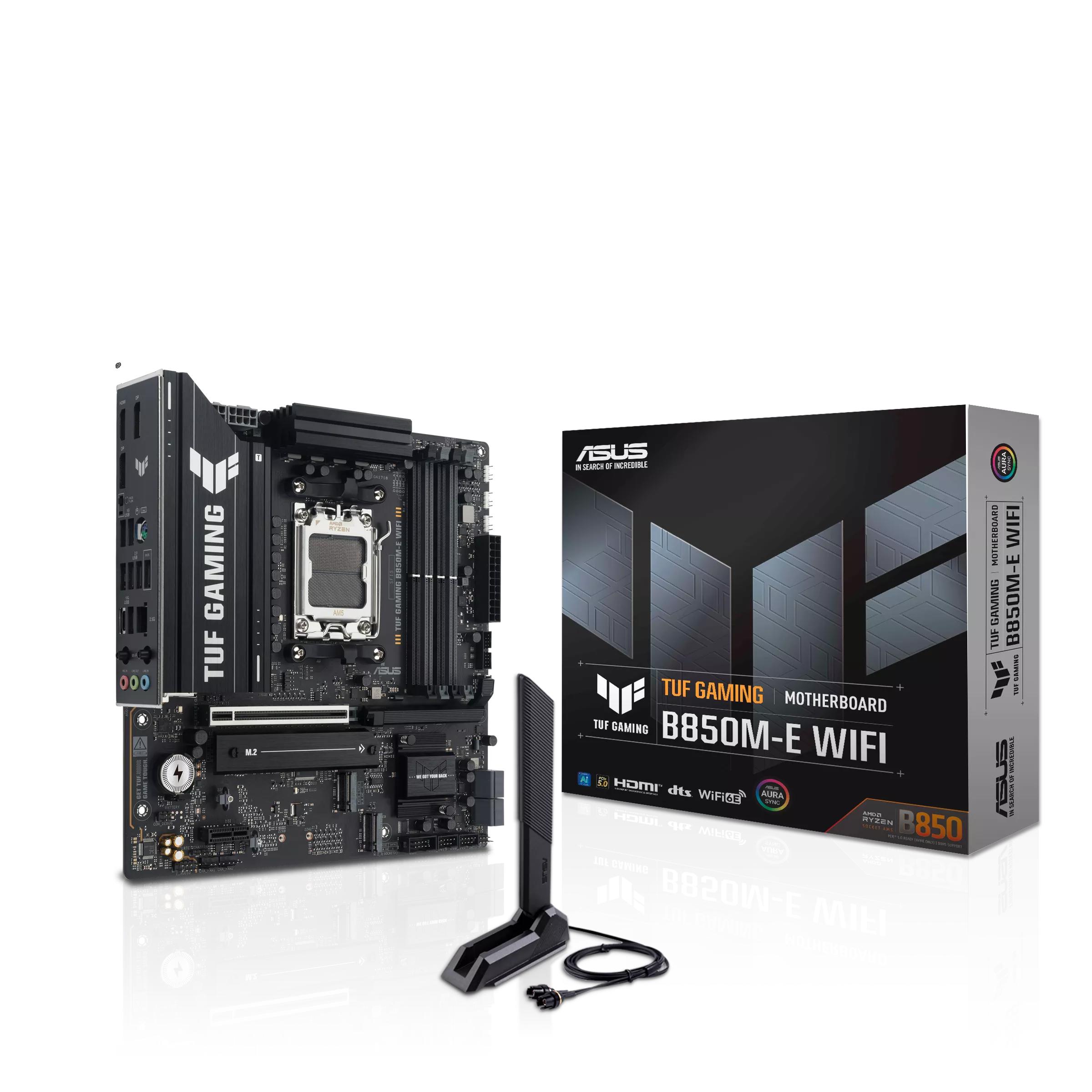 A large main feature product image of ASUS TUF Gaming B850M-E WiFi AM5 mATX Desktop Motherboard