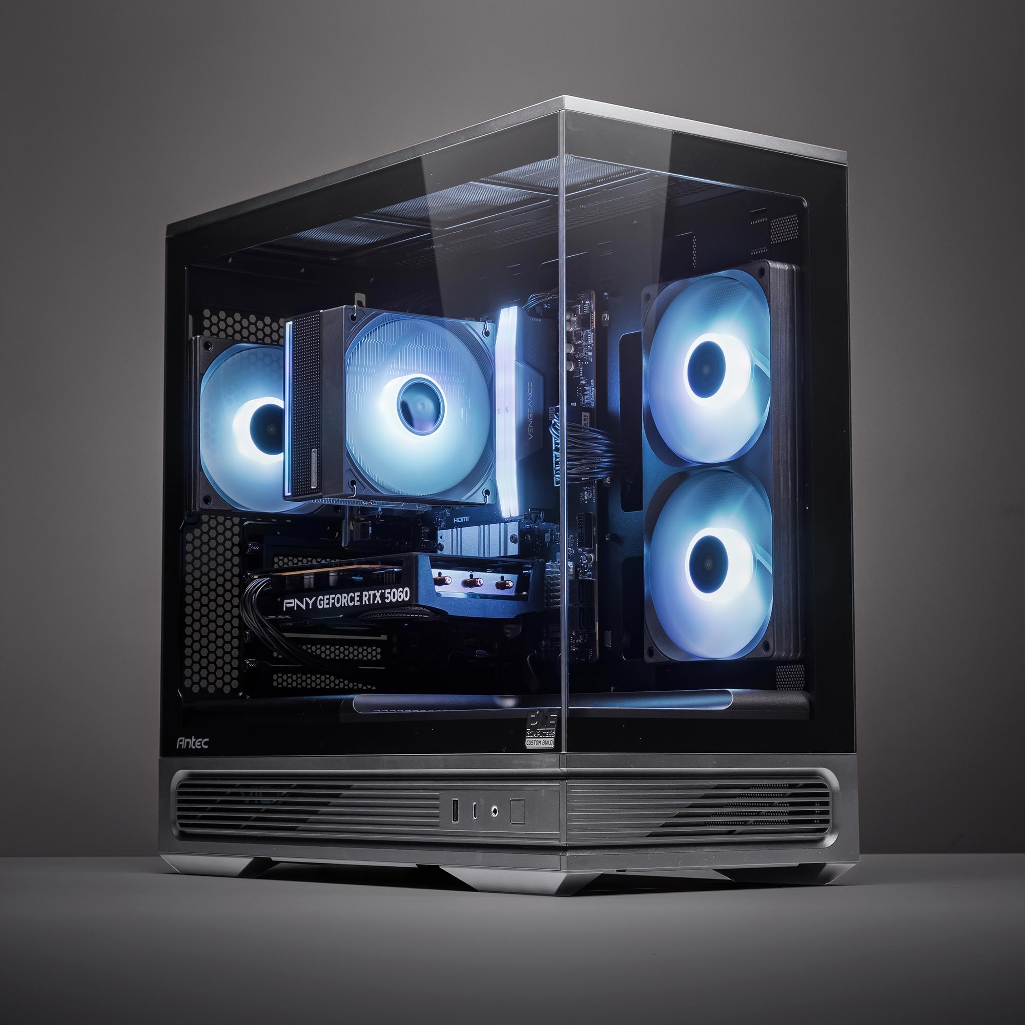A large main feature product image of PLE Flow RTX 5060 Prebuilt Ready To Go Gaming PC
