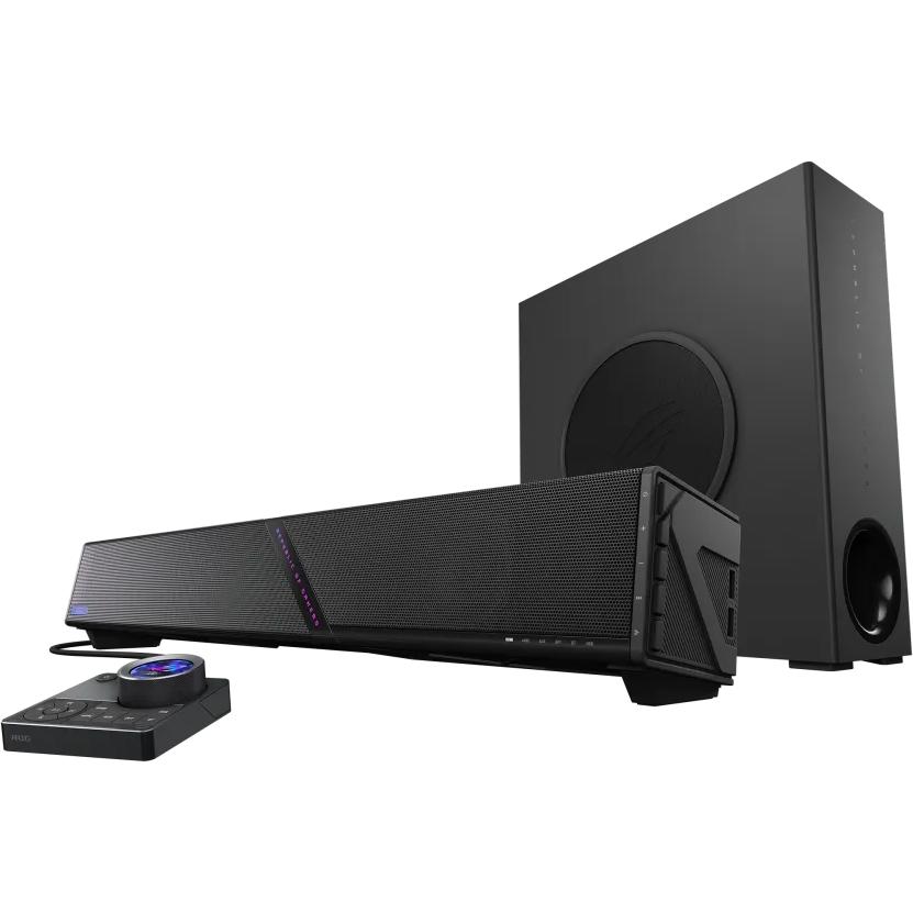 A large main feature product image of ASUS ROG Gjallar Gaming Soundbar