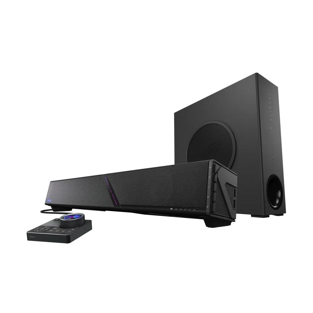 A large main feature product image of ASUS ROG Gjallar Gaming Soundbar