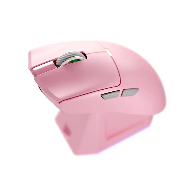 A large main feature product image of Fantech TANTO S Tri-Mode 8K Wireless Gaming Mouse with RGB Charging Dock - Pink