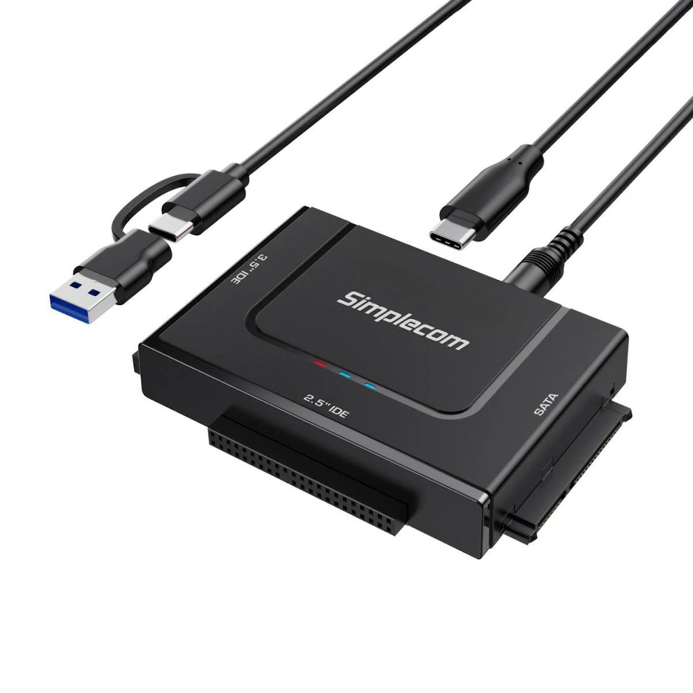 A large main feature product image of Simplecom SA492C SuperSpeed USB to 2.5", 3.5" & 5.25" SATA/IDE Adapter with Power Supply
