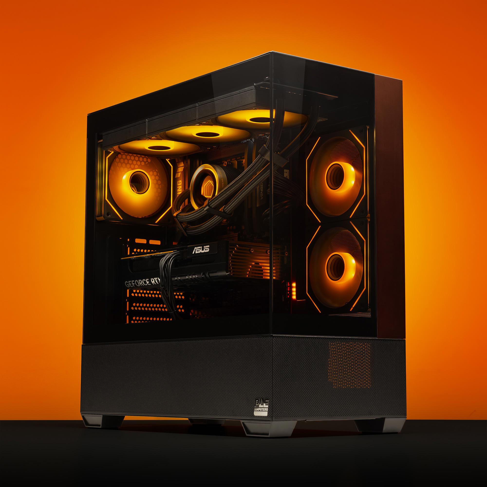 A large main feature product image of EX-DEMO PLE Pyro RTX 5060 Prebuilt Ready To Go Gaming PC