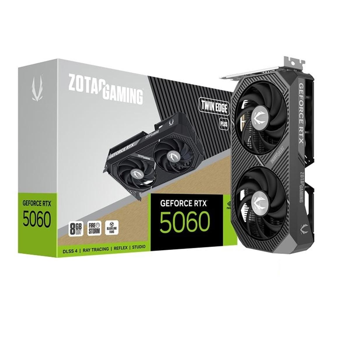 A large main feature product image of ZOTAC GAMING GeForce RTX 5060 Twin Edge Plus 8GB GDDR7
