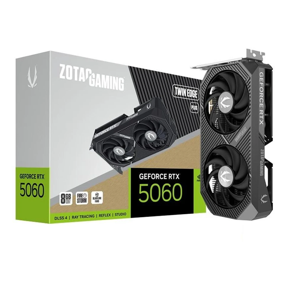 A large main feature product image of ZOTAC GAMING GeForce RTX 5060 Twin Edge Plus 8GB GDDR7