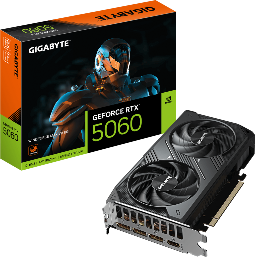 A large main feature product image of Gigabyte GeForce RTX 5060 Windforce MAX V2 8GB GDDR7