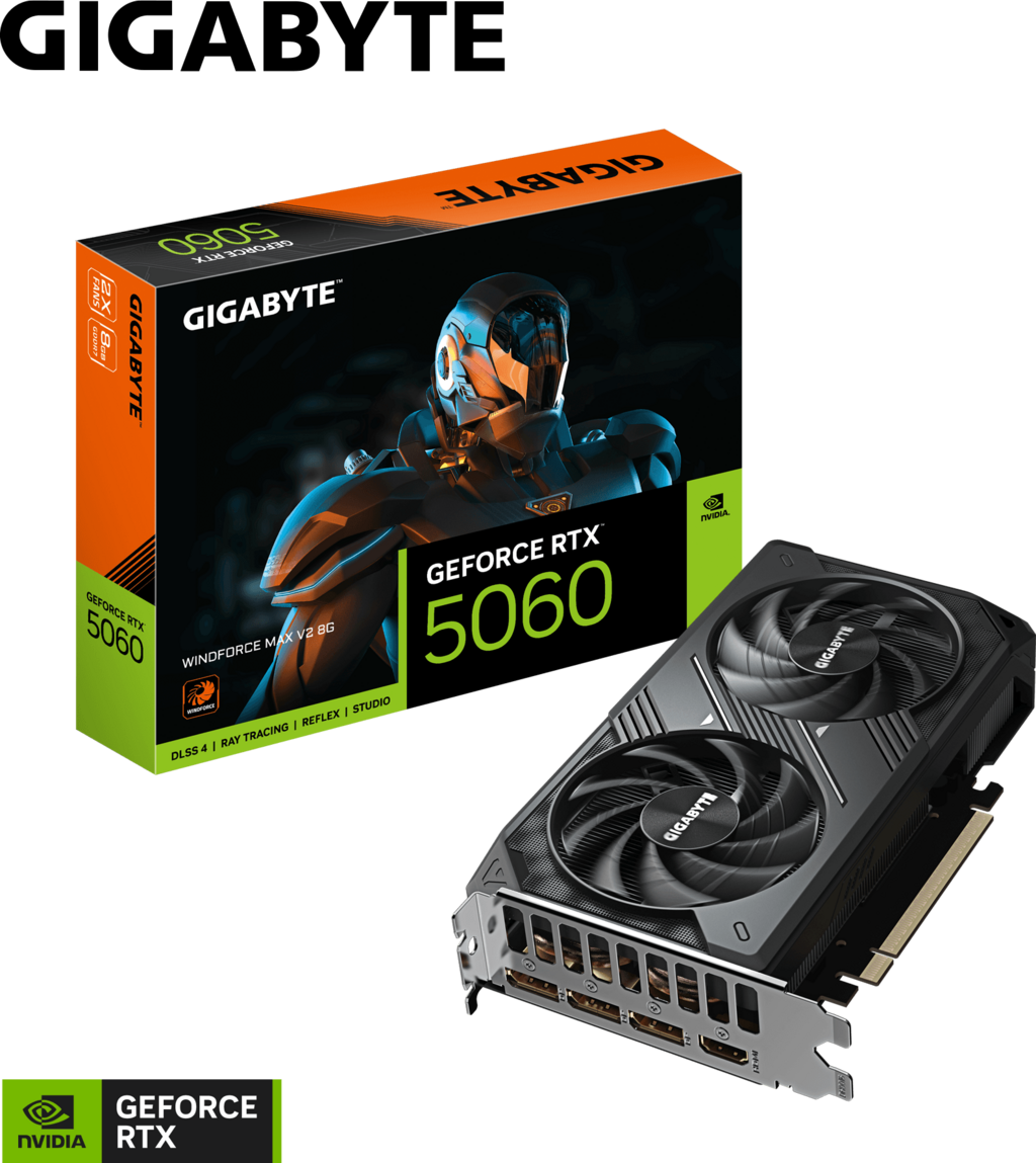 A large main feature product image of Gigabyte GeForce RTX 5060 Windforce MAX V2 8GB GDDR7