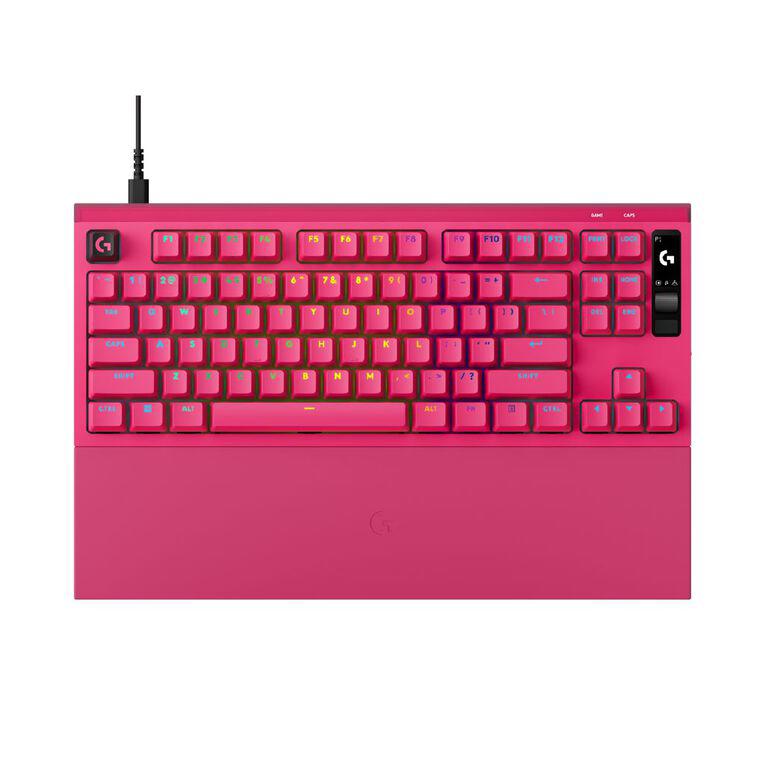 A large main feature product image of Logitech G PRO X2 Rapid 8K Wired TKL Analog Gaming Keyboard w/ OLED (Pink)