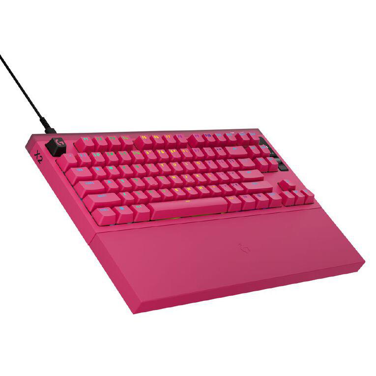A large main feature product image of Logitech G PRO X2 Rapid 8K Wired TKL Analog Gaming Keyboard w/ OLED (Pink)