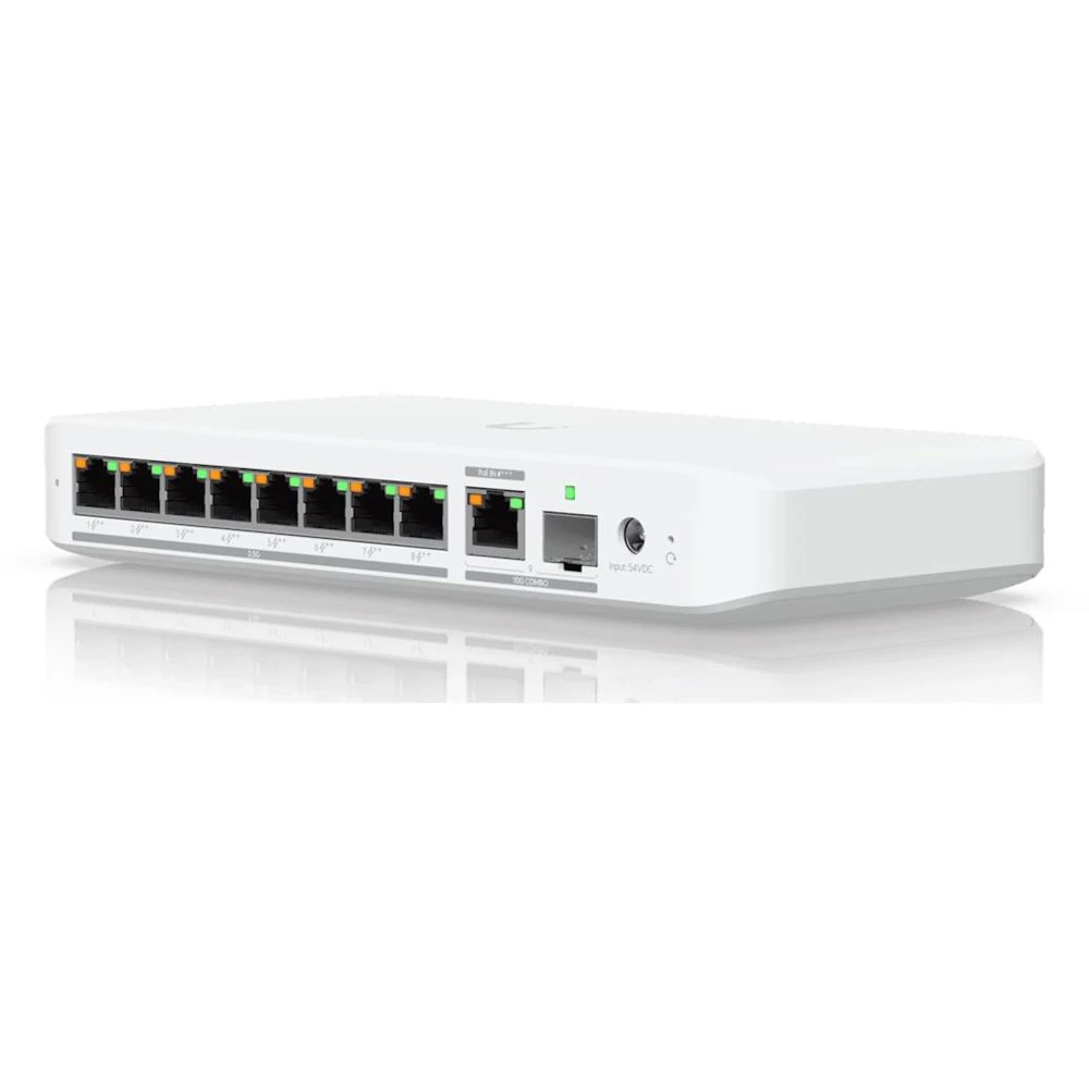 A large main feature product image of EX-DEMO Ubiquiti UniFi Flex 8-Port 2.5GbE PoE++ Switch