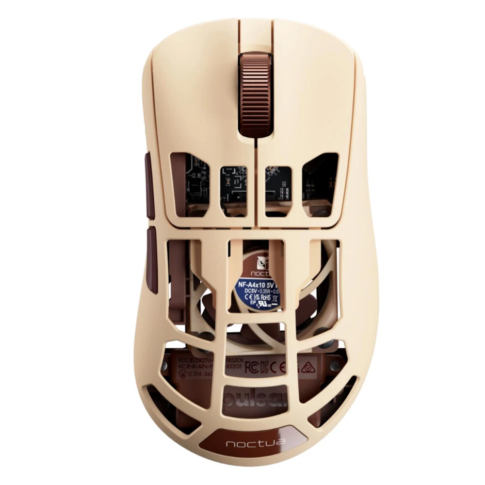 A large main feature product image of EX-DEMO Pulsar x Noctua Feinmann F01 - 73g Lightweight 8K Wireless Fan-Cooled Gaming Mouse (Noctua Edition)